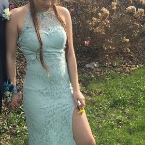 Baby blue high neck prom dress